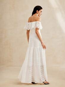 Anewsta Ruffle Lace Dress With Ruffle Trim And Waist Cinching, Elegant Maxi Length For Holiday Party Clothes - White - View 5