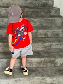 SHEIN Camiseta de Manga Curta com Gola Redonda Estampada Minimalista para Meninos Jovens