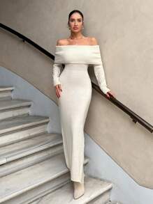 EURMUSE Off-Shoulder Collar Knitted Sweater Dress - Apricot - View 5