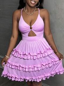 Slaydiva Rochie de vacanță elegantă, neagră, cu bretele cu volane, cu design sexy