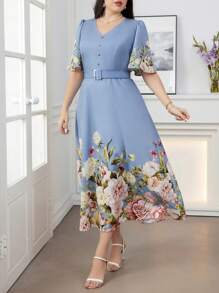 Modelyn 花卉印花系带 V 领大码节日连衣裙长款晚礼服 - 彩色 - 查看 2