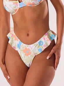 Musera Resort Vintage Floral Print Frill Sides Bikini Bottoms Only Summer Beach Resort