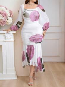 Modelyn Plus Size Elegant Floral Printed Lantern Sleeve Bodycon Dress With Ruffles And Mermaid Hem, Spring/Summer - White - View 1