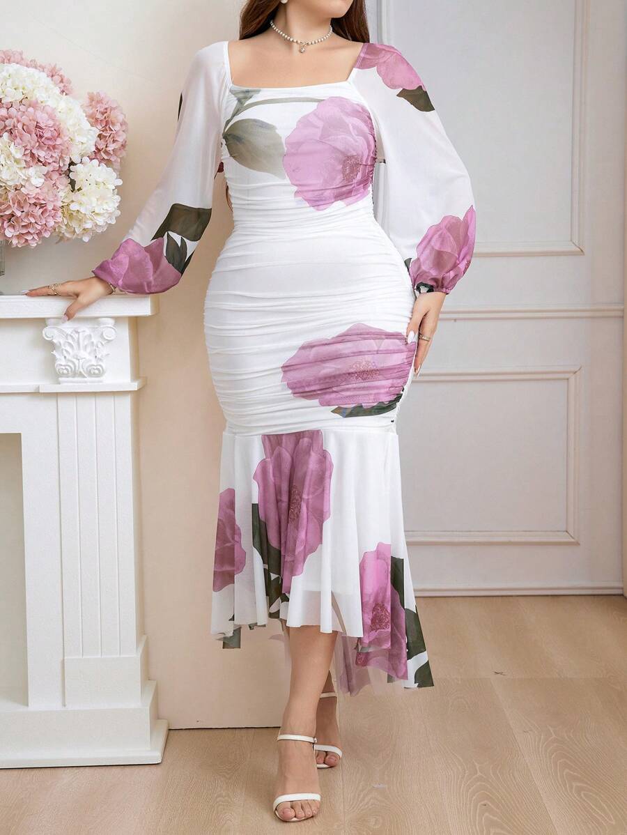 Modelyn Plus Size Elegant Floral Printed Lantern Sleeve Bodycon Dress With Ruffles And Mermaid Hem, Spring/Summer - White - View 1