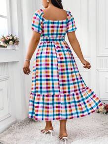 SHEIN Clasi Váy cổ vuông kẻ caro in họa tiết cỡ lớn có dây buộc eo, hoàn hảo cho trang phục Maxi dành cho phụ nữ đi nghỉ hè - Nhiều màu - Xem 2