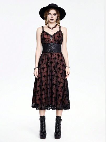 Gothic Style Flocked & Lace Splice Cross Shaped A-Line Dress With Spaghetti Straps For Women