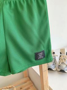 Baby Boy/Girl Summer Letter Print Striped Short Sleeve Top & Elastic Waist Shorts Set, Suitable For Daily Wear, Going To School, Traveling, And Sports In Spring/Summer