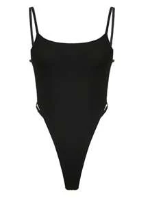 INAWLY Women's Plain & Simple Daily Basic Backless Cami Bodysuit - Black - View 3