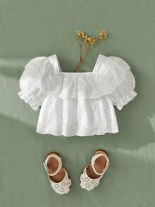 SHEIN 嬰兒女童法式復古刺繡面料上衣，襯有荷葉邊領口和泡泡袖，適合外出穿著 - 白色 - 查看 2