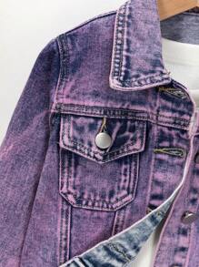 SHEIN Explorewe Girls' Fashionable Purple Casual Distressed Denim Jacket, All-Match Style - Purple - View 6