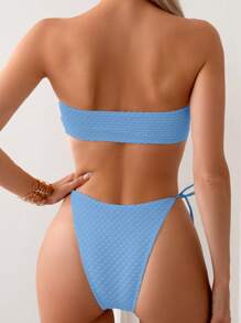 Women's Summer Beach Solid Color Strapless Hollow-Out Bandeau Bikini Set - Baby Blue - View 2
