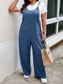 EMERY ROSE Mono holgado de tirantes para mujeres de talla grande para verano con unicolor y dos bolsillos - Azul - Ver 5
