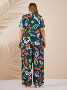 RueChic VCAY Plus Geometric Print Ruffle Trim Top & Wide Leg Elastic Belted Pants - Multicolor - View 2
