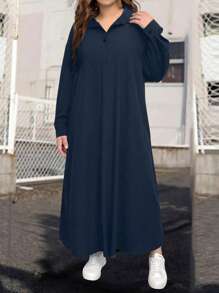 SHEIN LUNE 大尺碼女士純色Polo領落肩長袖寬鬆休閒直筒裙，春夏款 - 藏蓝色 - 查看 3