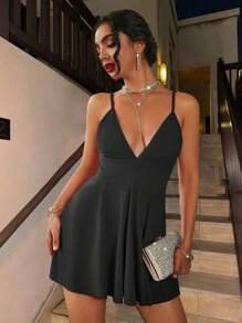 Glamine Solid Color Deep V-Neck Spaghetti Strap Sleeveless A-Line Dress With Open Back, Summer And Sexy Mini Short Women Outfit - Black - View 3