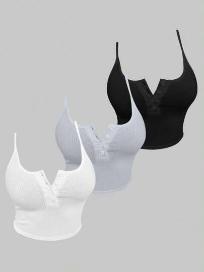 Zolique 純色鈕扣夏季背心上衣，多色可選組合套裝