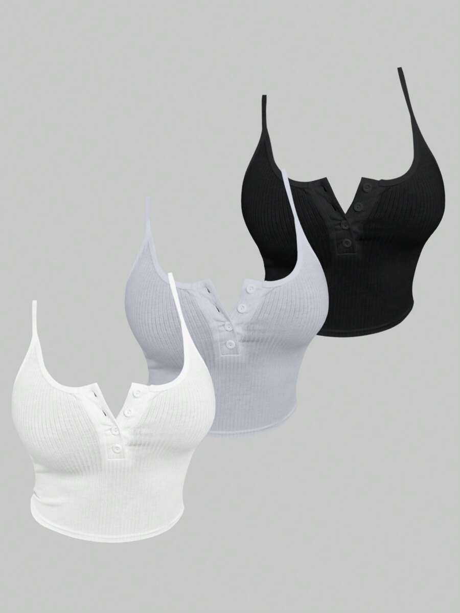 VaVaBold Solid Color Buttoned Summer Camisole Tank Tops, Set Of Multiple Colors