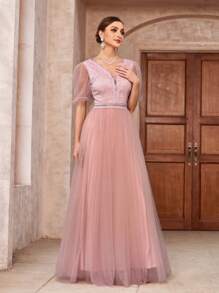 SHEIN Belle 優雅的蕾絲露肩泡泡袖網紗裙，帶刺繡設計 - 粉色 - 查看 6