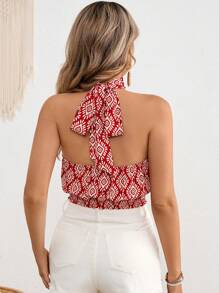 Vivid Eden Mono corto tejido con estampado floral y cuello halter para mujer