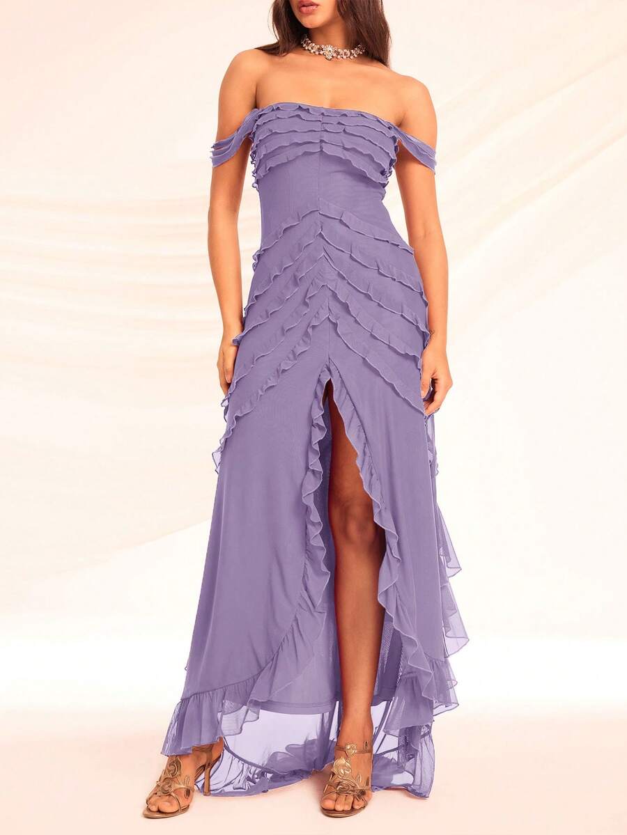 Off Shoulder High Low Formal Evening Dress High Slit Formal Ball Gown For Women - Mauve Purple - View 1