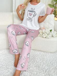 SweetSlumber Conjunto de pijama de patrón de taza de café con corazón para mujer - Rosa - Ver 3