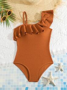 Tween Girl Summer Beach Solid Color Asymmetrical Neckline Ruffle One-Piece Swimsuit Bathing Suit - Multicolor - View 1