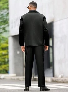 Manfinity Mode Men's Plus-Size Single-Breasted Long Sleeve Suit Jacket And Flat Front Suit Pants Solid Color Suit Set With Pockets - Black - View 2