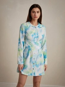 SHEIN Privé Summer Casual Random Dyed Print Tie-Front Waist Shirt Dress With Front Buttons Fall Cloth For Women - Multicolor - View 6