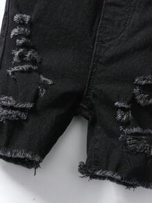 SHEIN Pantalones cortos informales de mezclilla desgarrados y con bordes ásperos para bebé, suaves y lindos, para el verano - Negro - Ver 7