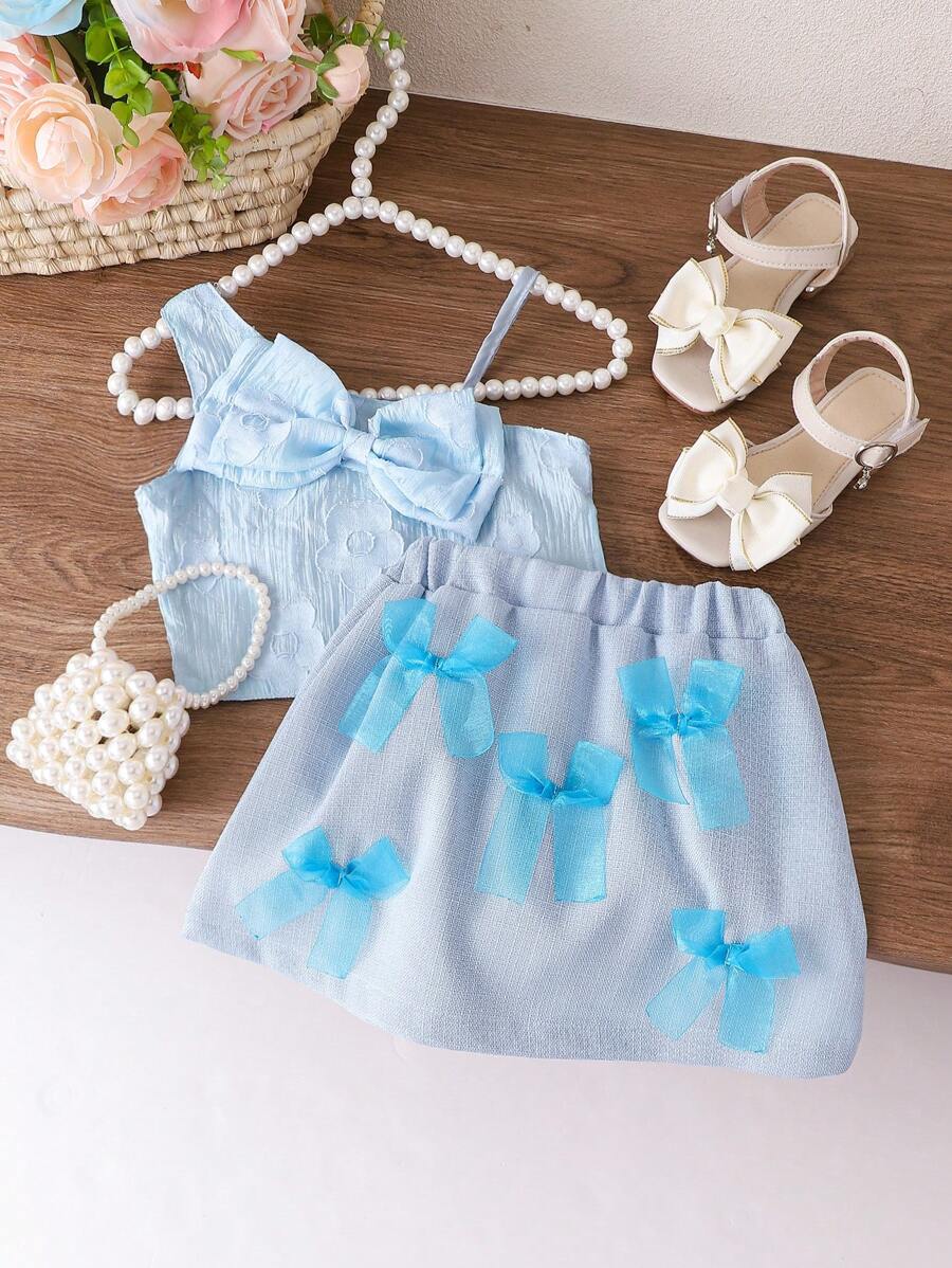 SHEIN 女童夏裝,寶寶女孩可愛蝴蝶結坦克頂和裙子套裝 - 藍色 - 查看 1