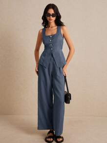 Poéselle 夏季女士灰色条纹套装，时尚背心两件套，条纹面料纽扣撞色，无袖上衣和裤子套装穿着舒适面料透气柔软适合通勤日常度假穿着，老款风格，商务休闲女士