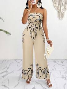 SOLERSUN Bộ áo liền quần ống rộng có dây rút và in hoa lá - Màu be - Xem 7