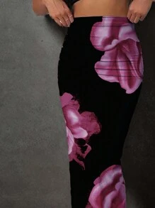 Slaydiva 2 件女式休闲花卉图案修身短款上衣 T 恤和长裙套装，夏季 - 白色 - 查看 4