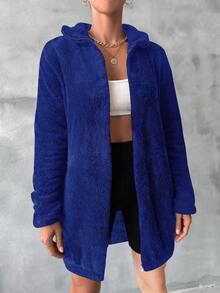 SHEIN Cottnline Cazadora teddy unicolor con cremallera - Azul - Ver 4