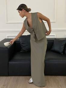 DAZY 纯色背心+裙子设计系带两件套女夏季