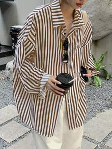 Striped Print Pocket Front Button Casual Long Sleeve Shirt Spring - Khaki - View 5