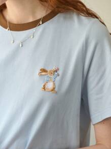 Simple Retro Camiseta casual redonda para mujer con bordado personalizado en la insignia - Azul - View 3