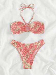 SHEIN Swim Women's Summer Beach Ditsy Floral Halter Neck Hollow Out Tie Bikini Set (Random Print) - Multicolor - View 5