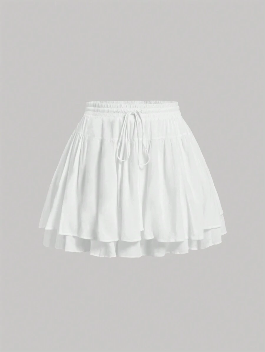 SHEIN MOD Plus Size Sweet White Double Layer Ruffle Hem Umbrella Skirt - White - View 1
