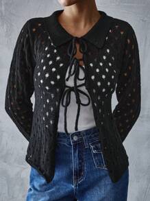 SHEIN Essnce Suéter de punto casual de mujer con cordones, lazo y manga larga transparente, chaqueta delgada de manga larga con cuello y lazo, calada - Negro - Ver 4