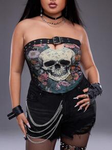 Pretty Circuits Artist Dark Casual Skeleton Head Printed Crop Top, Slim Fit, Plus Size For Women, Multicolor, For Summer, Holiday, Going Out, Festival - Multicolor - View 5