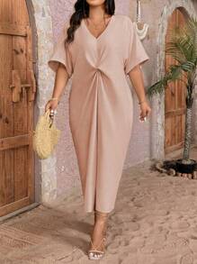 SHEIN Clasi Lässiges Kleid in Große Größen mit fledermausärmeln, Twist-Front und einfarbiger Optik für den Urlaub - Altrosa - Übersicht 1