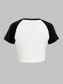 INAWLY 夏季休閒拼色圓領短袖露脐T恤