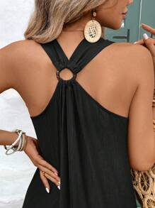 SHEIN Frenchy Summer Beach V Neck Dress Wooden Hoop Embellished Shoulder Strap Textured Flowy Fabric Beach Summer Dress Pastel Dress Dress Summer Dress Long Beach Dress Beach Women Dresses Linen Dress Chic Black Vacation Casual - Black - View 7