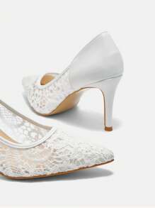 CUCCOO HITCHD Pointy-Toe Stiletto Mesh White Wedding Shoe, Elegant Style Women's High Heel Pump Spring Shoes Spring Break Easter Prom Heels For Christmas - White - View 6