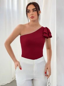 Aloruh Solid Color Asymmetric Neckline Summer Elegant Top With Pleats And Lace - Red - View 4