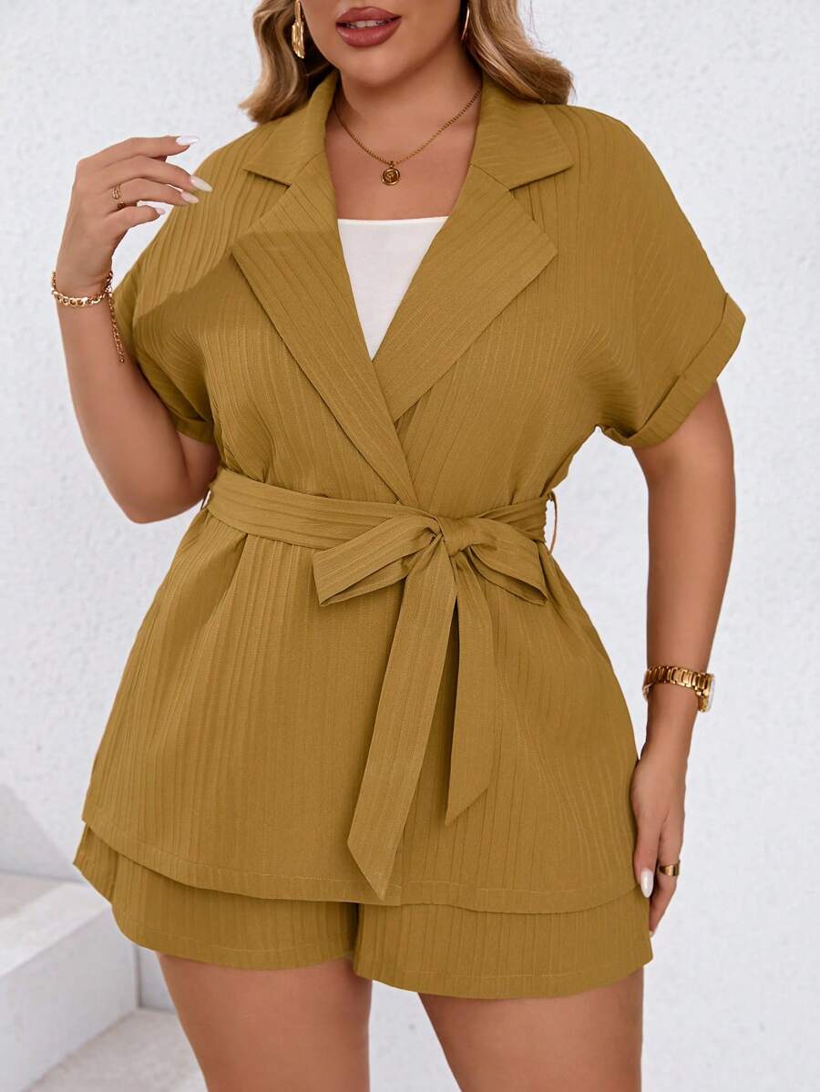 SHEIN Clasi Ensemble de 2 pièces grande taille été texture tissée nœud papillon lâche décontracté kaki