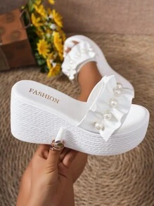 Women's Fashionable Pearl Decor Wedge Heel Platform Sandals For Outdoor Wearing - White - View 7