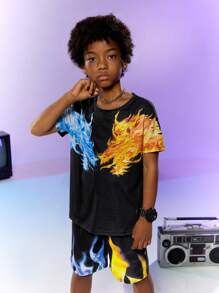 SHEIN Explorewe 青少年男孩2入組酷炫T恤和黑色短褲套裝，數字印花 - 黑色 - 查看 3