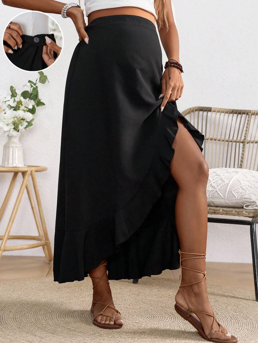 SHEIN Maternity City Adjustable Elastic Waist Ruffle Hemline Skirt - Black - View 1